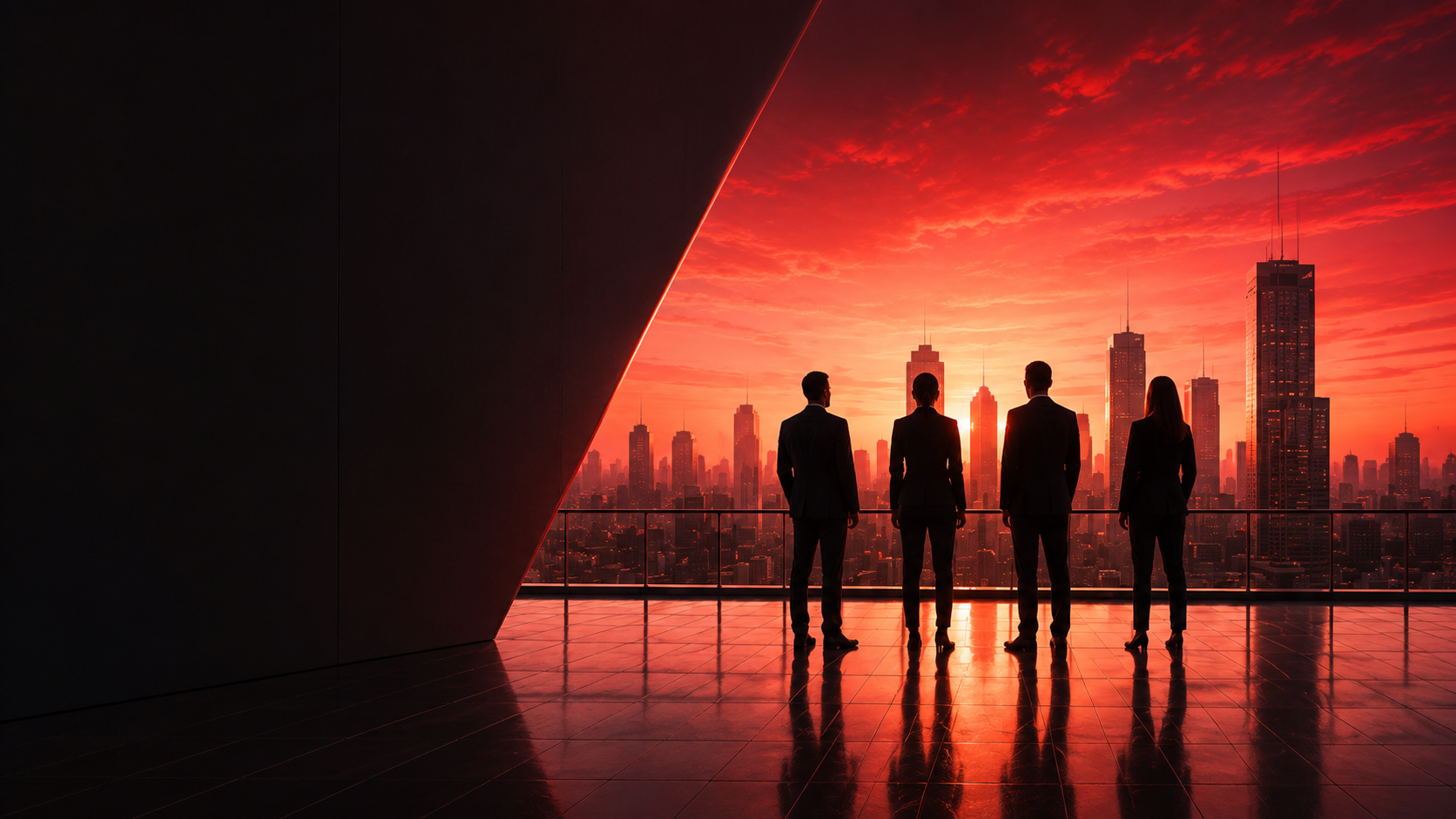 Team looking over red cityscape
